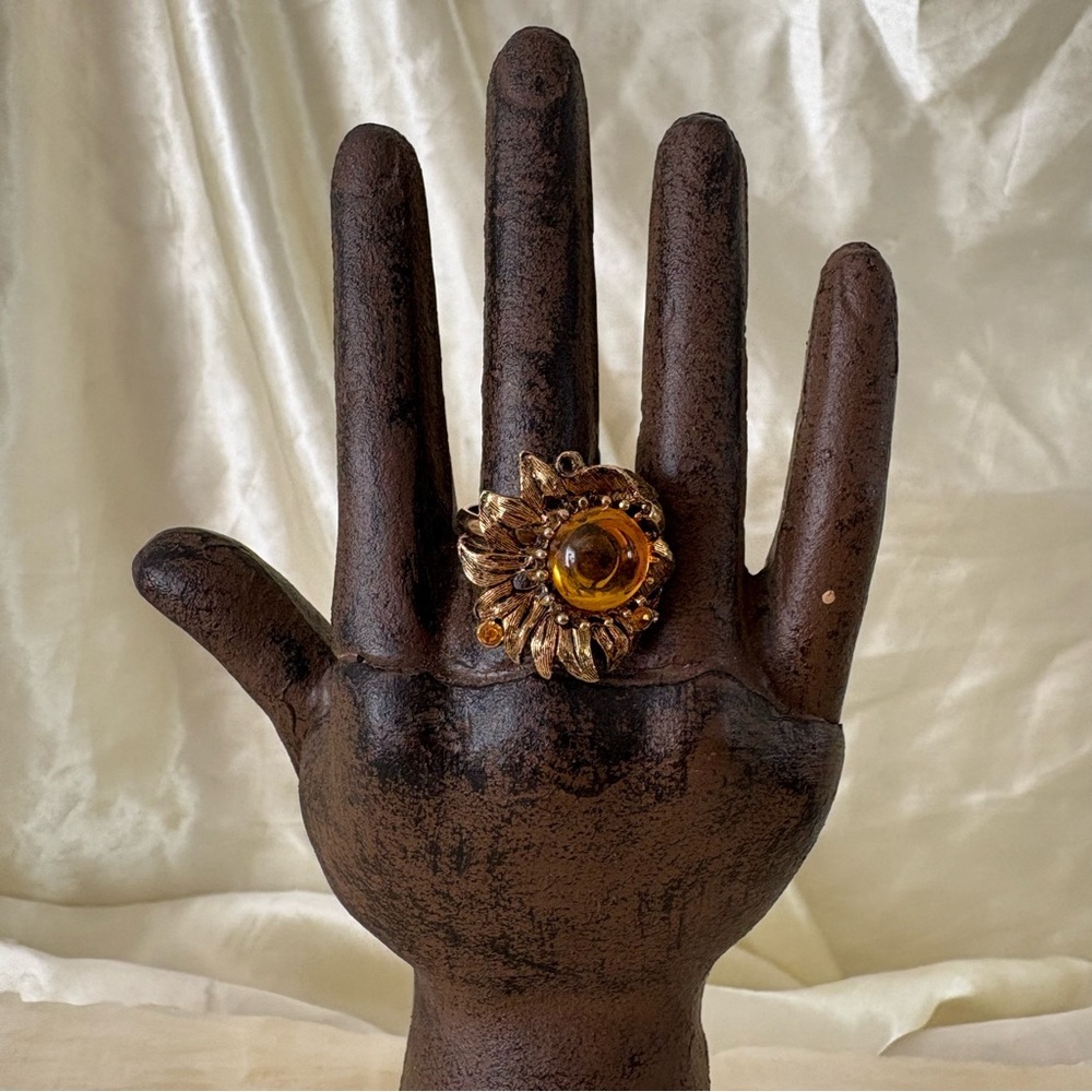 Vintage topaz citrine sunflower cocktail costume jewelry ring size 7